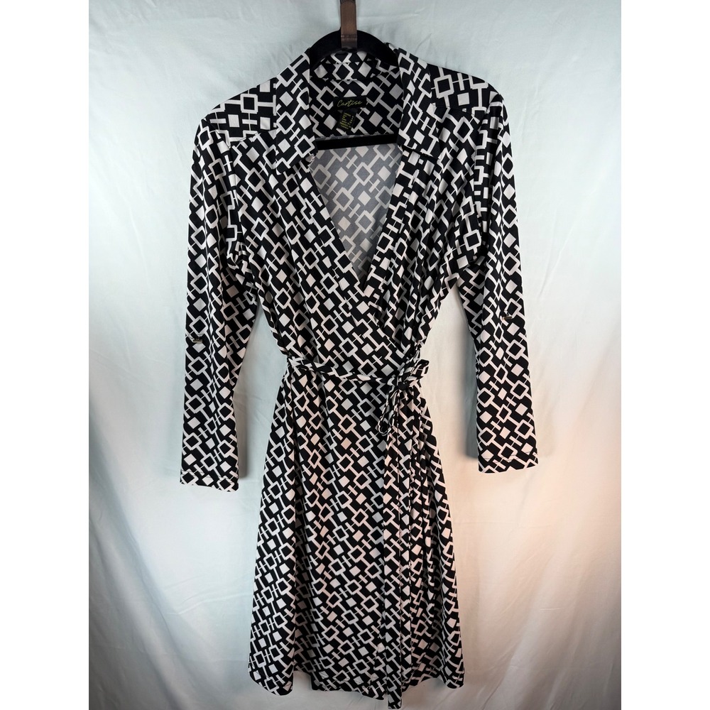 Cartise Womens Geometric Wrap Dress Black White Long Sleeve Roll Tab Size 6